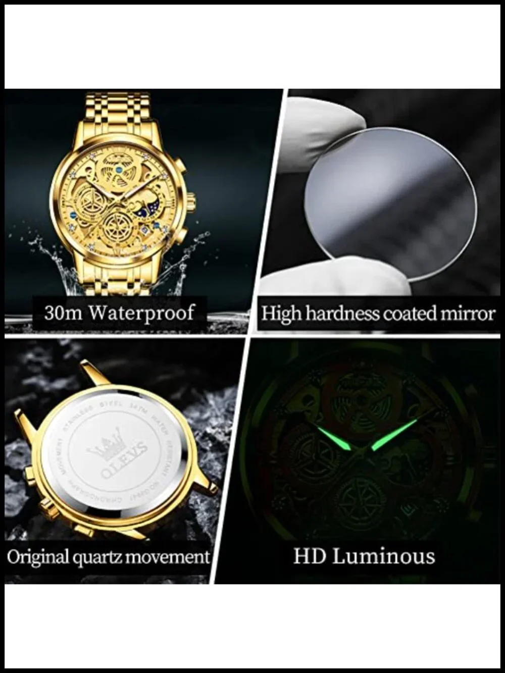 Men's Skeleton Chronograph Stainless Steel Watch Waterproof Analog Wristwatch